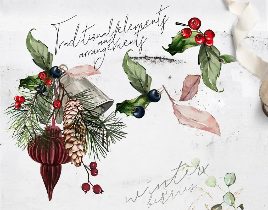 watercolor Christmas arrangements, including a pine cone, ornaments, and berries with text that reads "Traditional elements and arrangements.