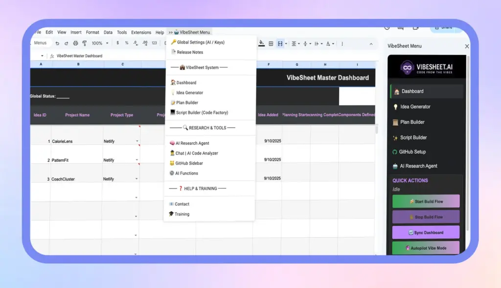 VibeSheet Dashboard, AI Code Builder for Google sheet AI Coding Agent