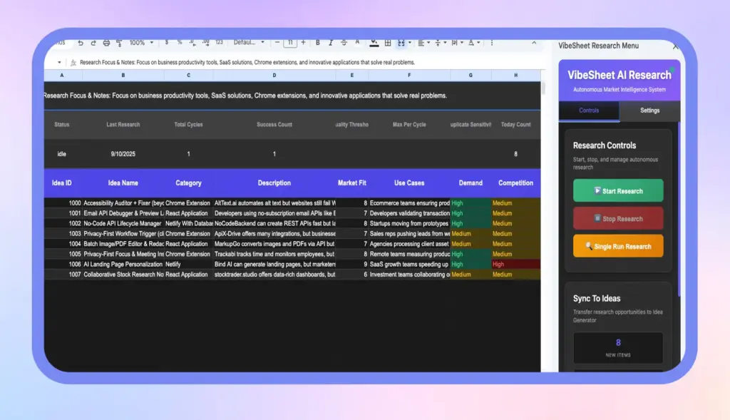 VibeSheet Research Mode AI Coding Agent