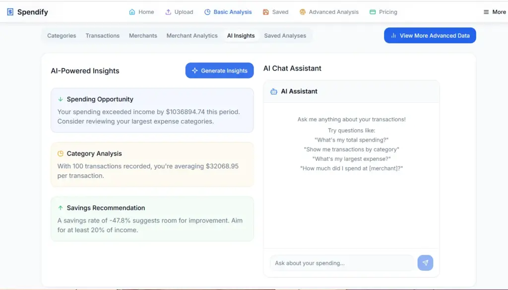 AI insights Interface, AI Financial Analysis Tool