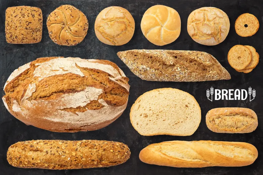 Thirteen types of bread including baguettes, rolls, and rustic loaves arranged on a dark surface with “BREAD” text and wheat icons
