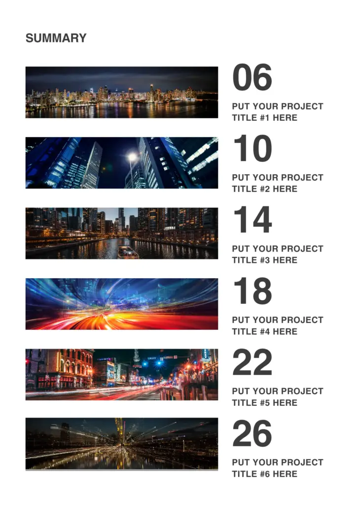 Six city-themed thumbnails with project titles, for the summary page of photography portfolio template