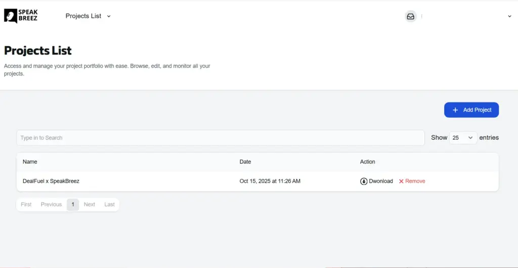 Project Lists Screen