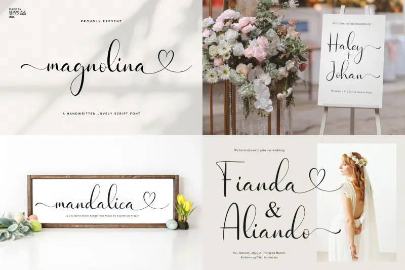 Magnolia and Mandalica handwritten lovely script fonts with heart swashes, used on wedding signage and invitations.