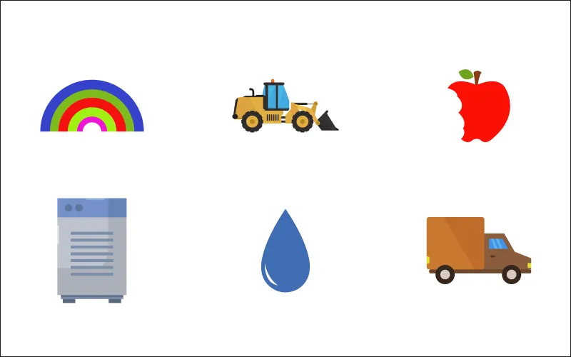 A collage of a rainbow, bulldozer, apple, fridge, droplet, and truck icons, miscellaneous Icons