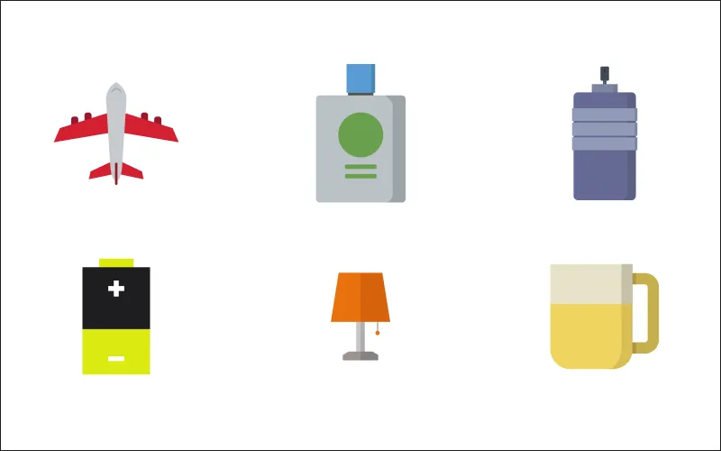 A collage of airplane, bottles, battery, lamp, and mug icons
