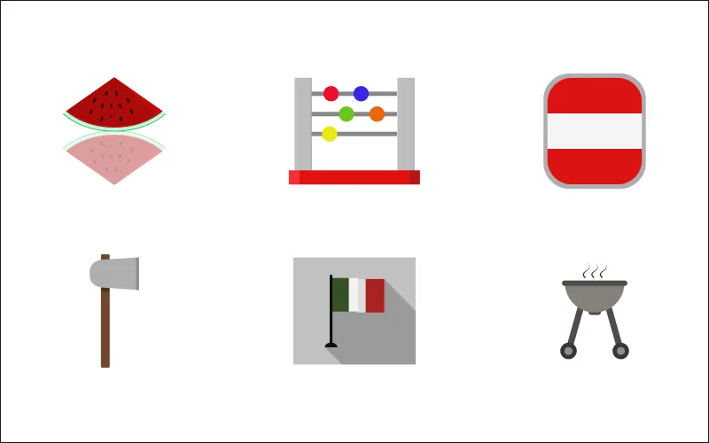 A collage of watermelon, abacus, no entry sign, axe, Italian flag, and grill miscellaneous icons
