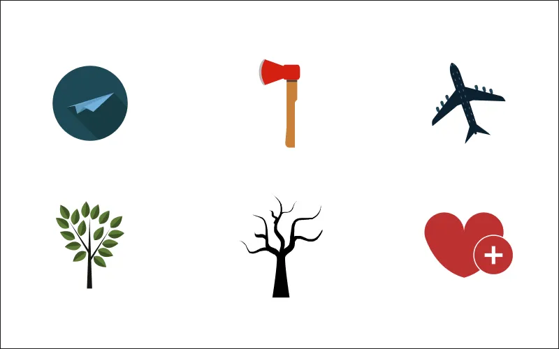 A collage of airplanes, axes, trees, and hearts with medical symbols icons