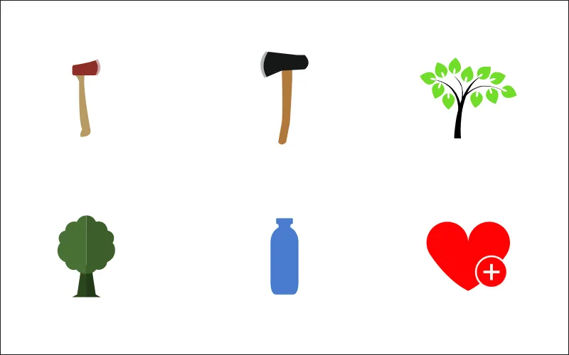 A collage of axes, trees, a bottle, and a heart with medical cross Icons