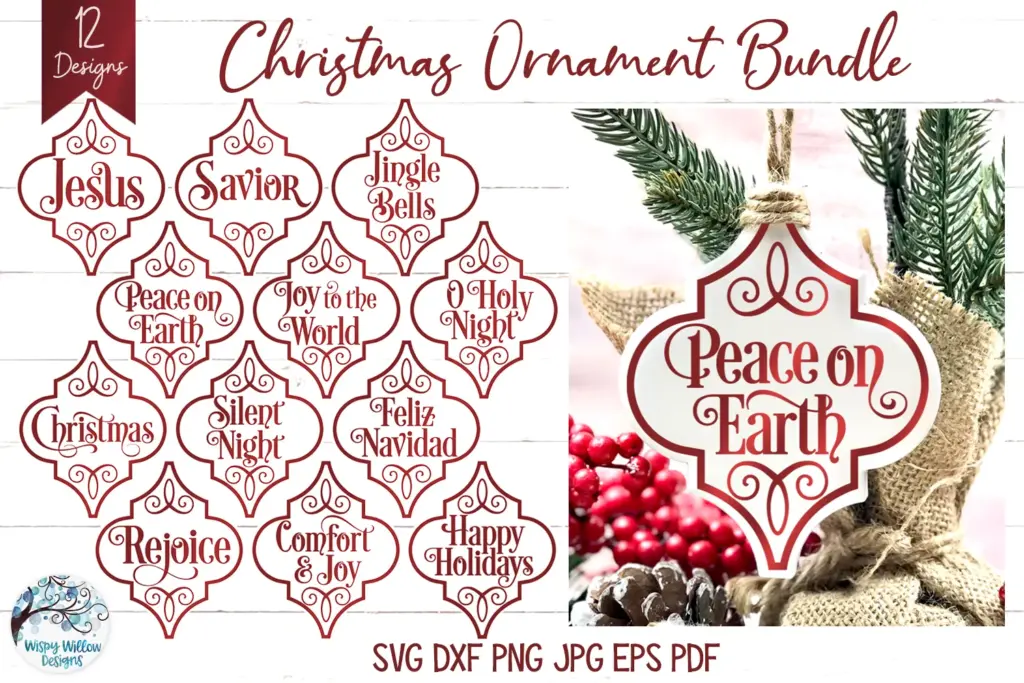 Christmas ornament bundle with 12 arabesque designs featuring religious phrases like “Jesus,” “Savior,” and “O Holy Night,” in red and white reverse layout.