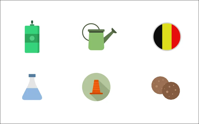 A collage of soap, watering can, Belgian flag, flask, cone, and cookie icons