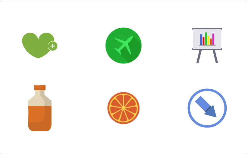 A collage of health, travel, data chart, orange juice, fruit, and arrow icons