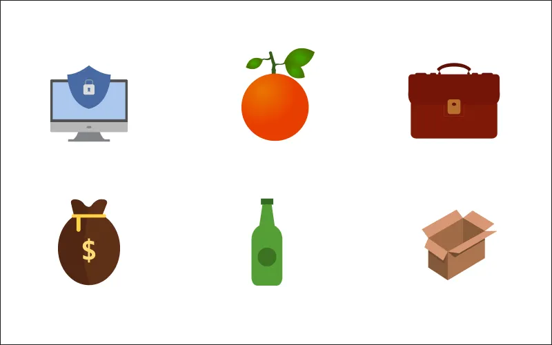 A collage of cybersecurity, fruit, briefcase, money bag, bottle, and box icons