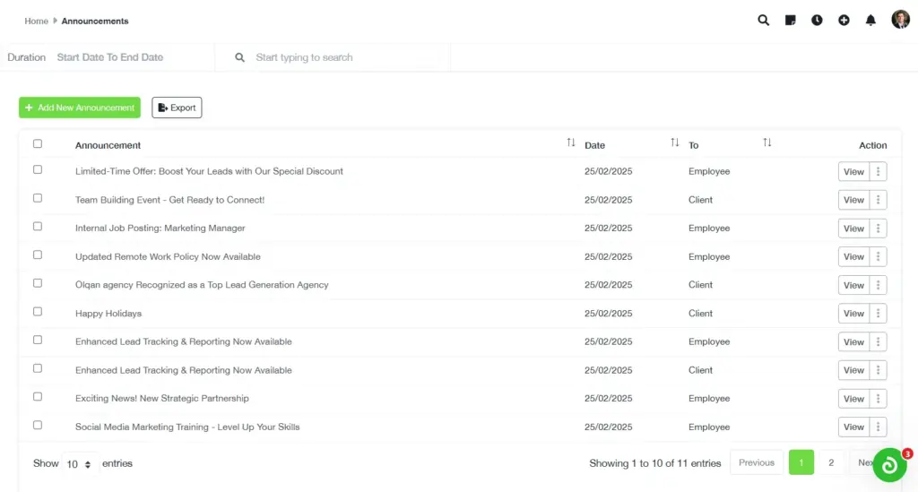 Announcements Screen