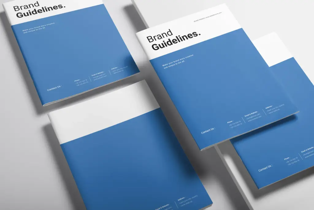 Mock-up of three brand guideline covers featuring the blue and white design with contact information.