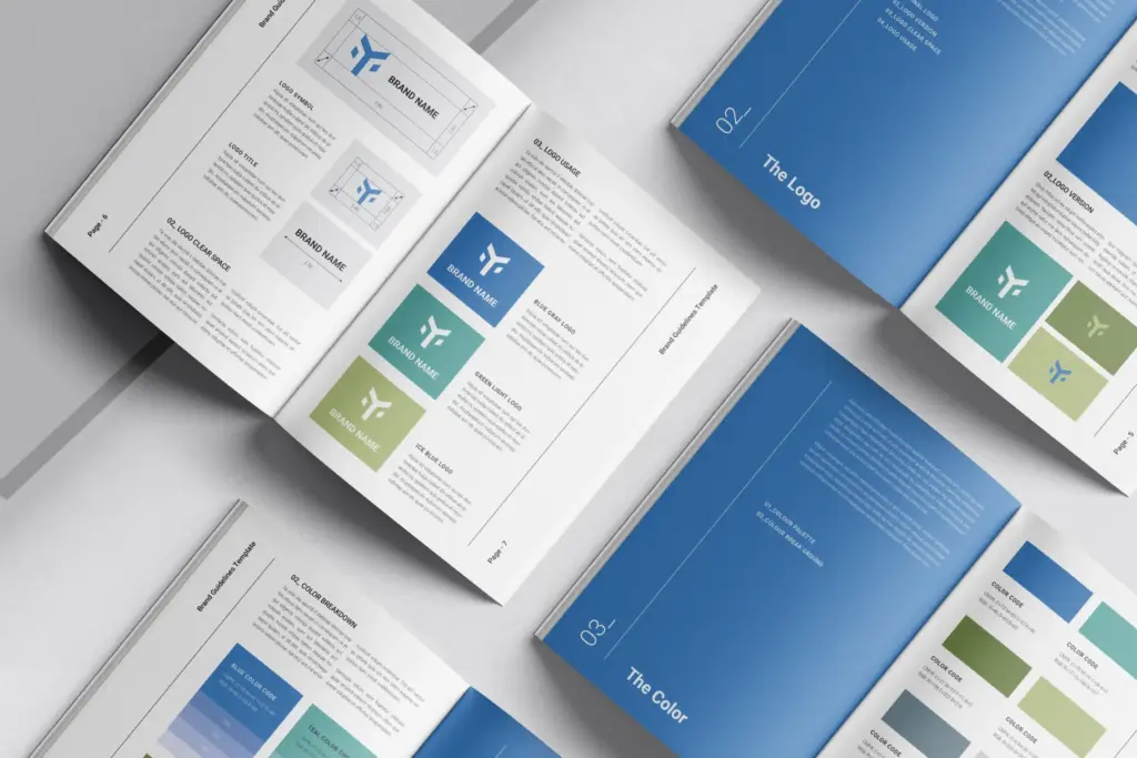 Open spread of the brand guidelines detailing Logo Usage, Logo Clear Space, and Color Breakdown sections.