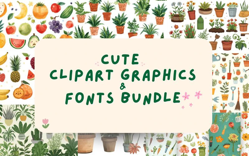 Cute Clipart Graphics & Fonts Bundle Feature Image