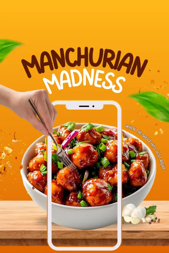 Manchurian dish with sauce and digital interaction visual.