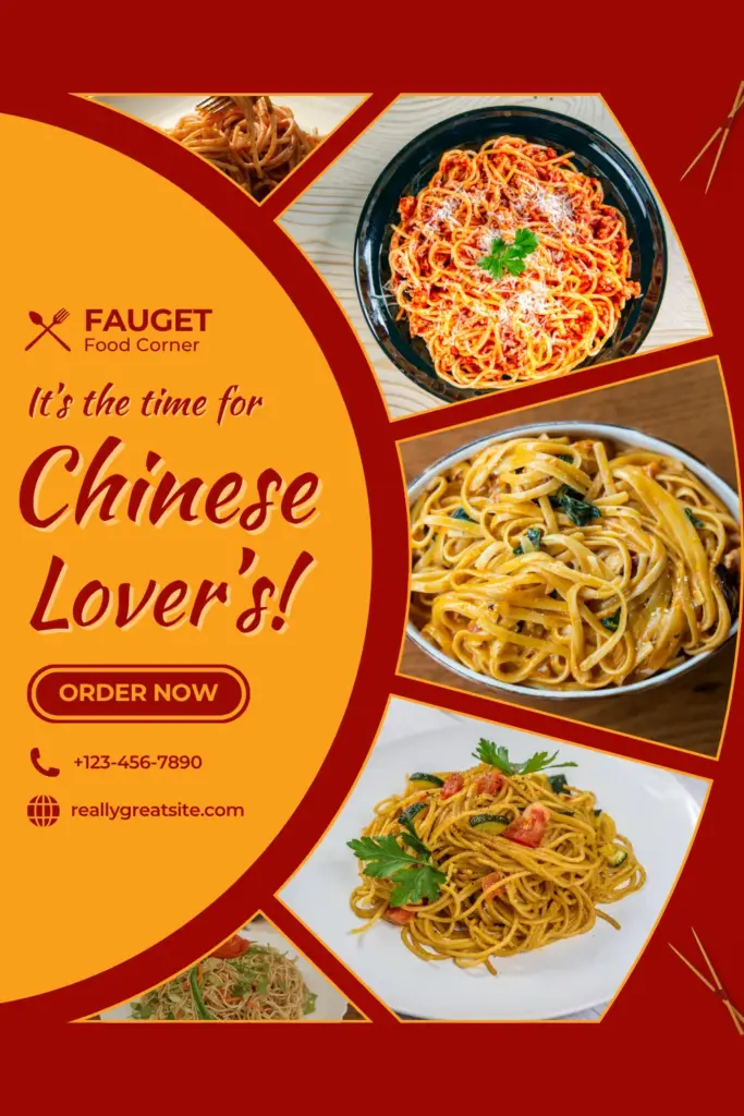 Chinese noodle dishes collage with ordering info.