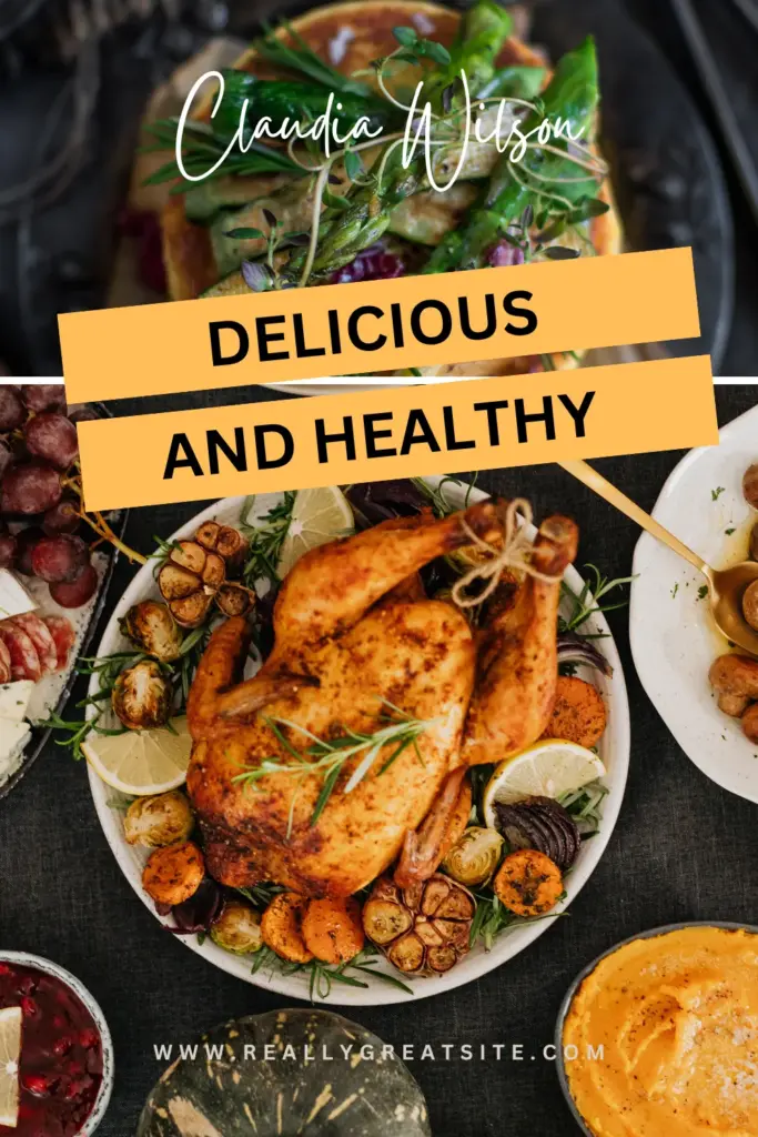 Gourmet dishes including roasted chicken and asparagus entrée.