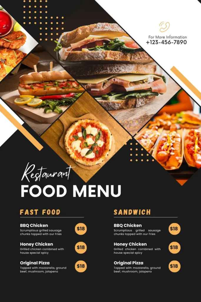 Fast food and sandwich menu with vibrant food photography.