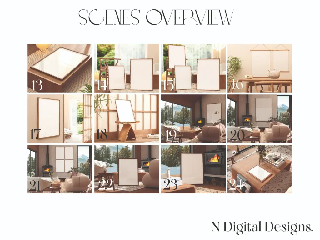 Overview grid showing twelve more interior scenes (scenes 13-24) with various frame arrangements.