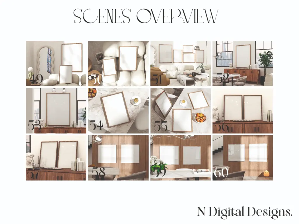Overview grid showing twelve different interior scenes (scenes 49-60) with various frame arrangements, including close-ups and dining room settings.