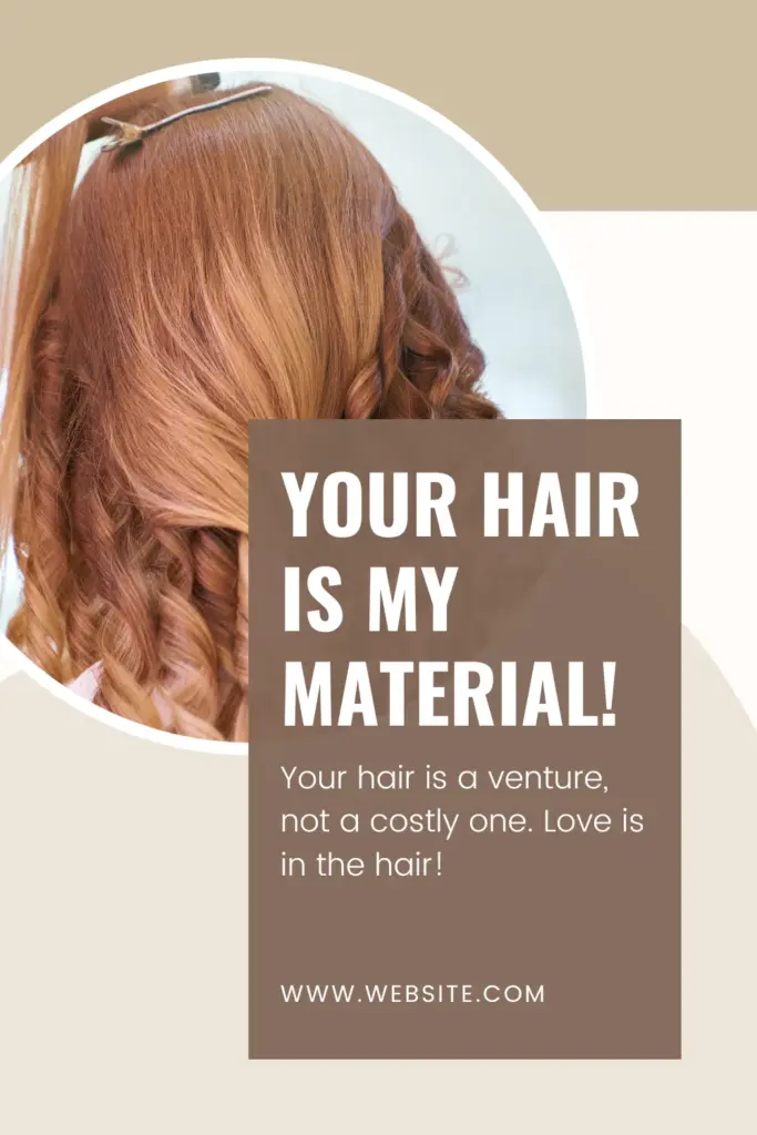 Styled curly hair with branding message.