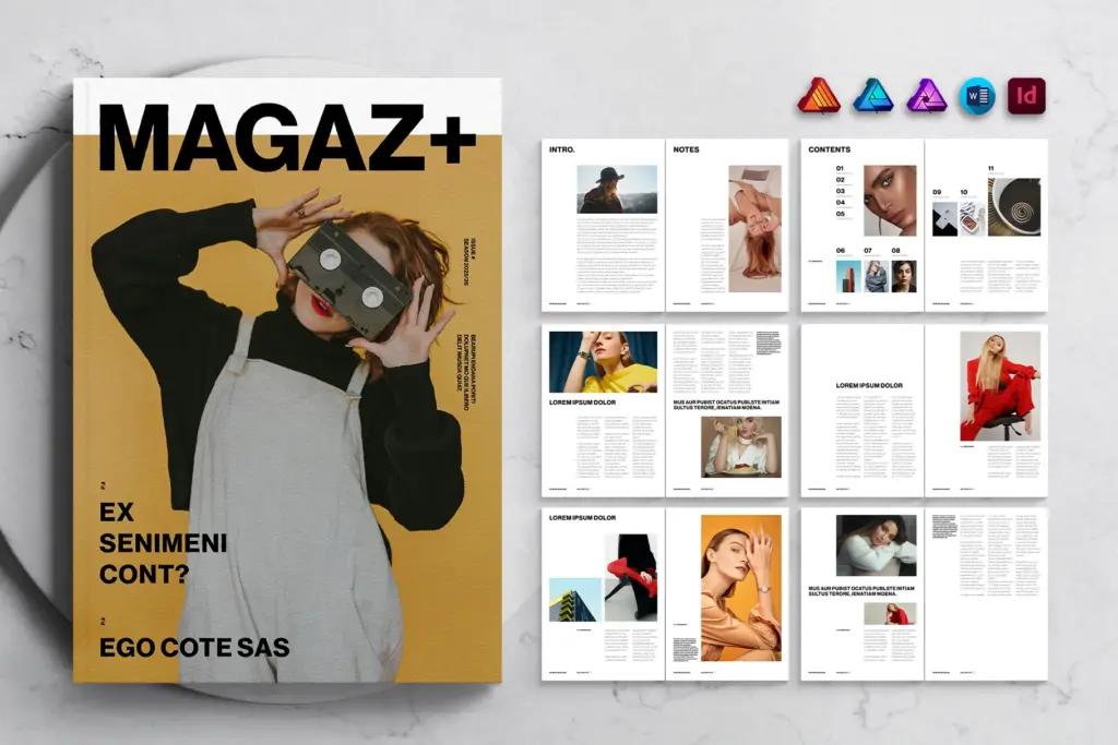 MAGAZ+ cover with VR headset and mustard yellow background, plus editorial grid layout.