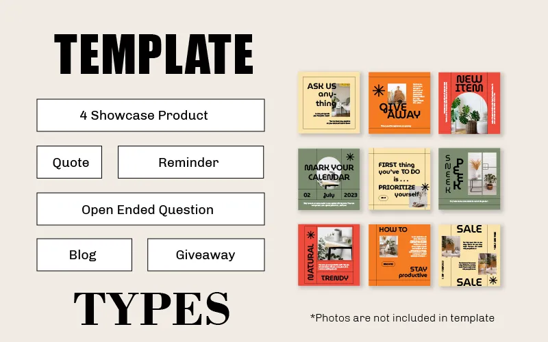 A presentation board showing the types of Instagram marketing templates included: "4 Showcase Product," "Quote," "Reminder," "Open-Ended Question," "Blog," and "Giveaway." Displays a 3x3 grid of the 9 available post designs.