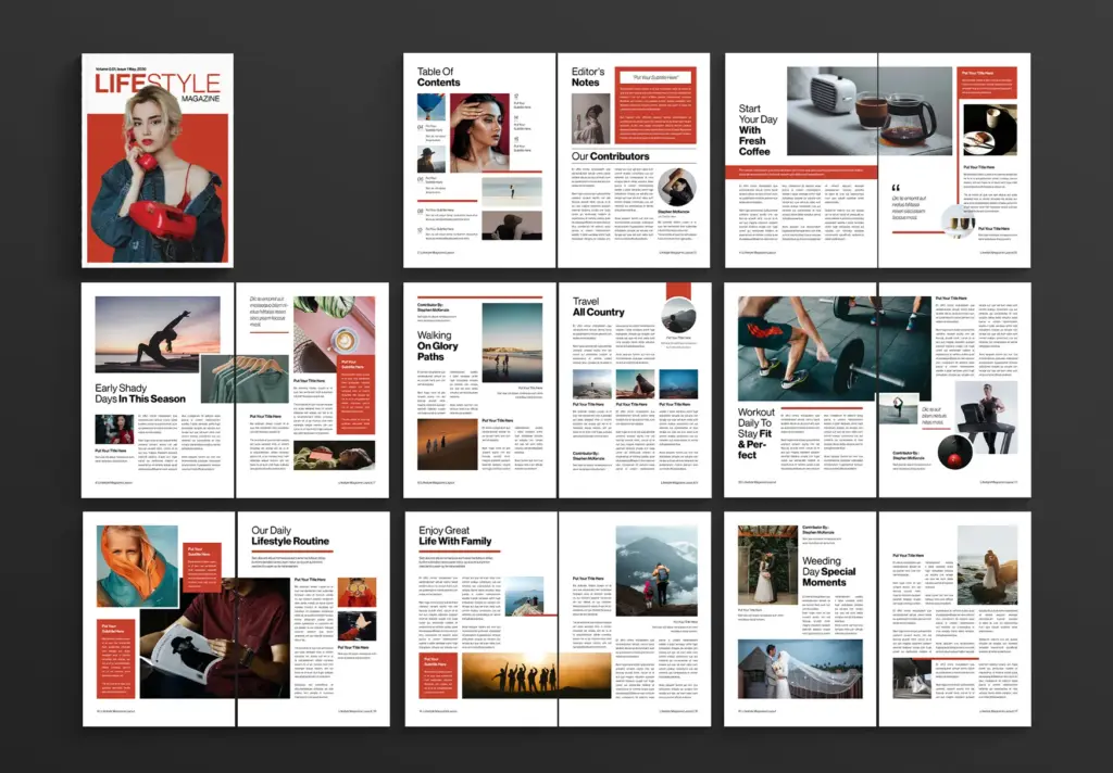 - Multi-topic lifestyle layout with red jacket cover and editorial sections.