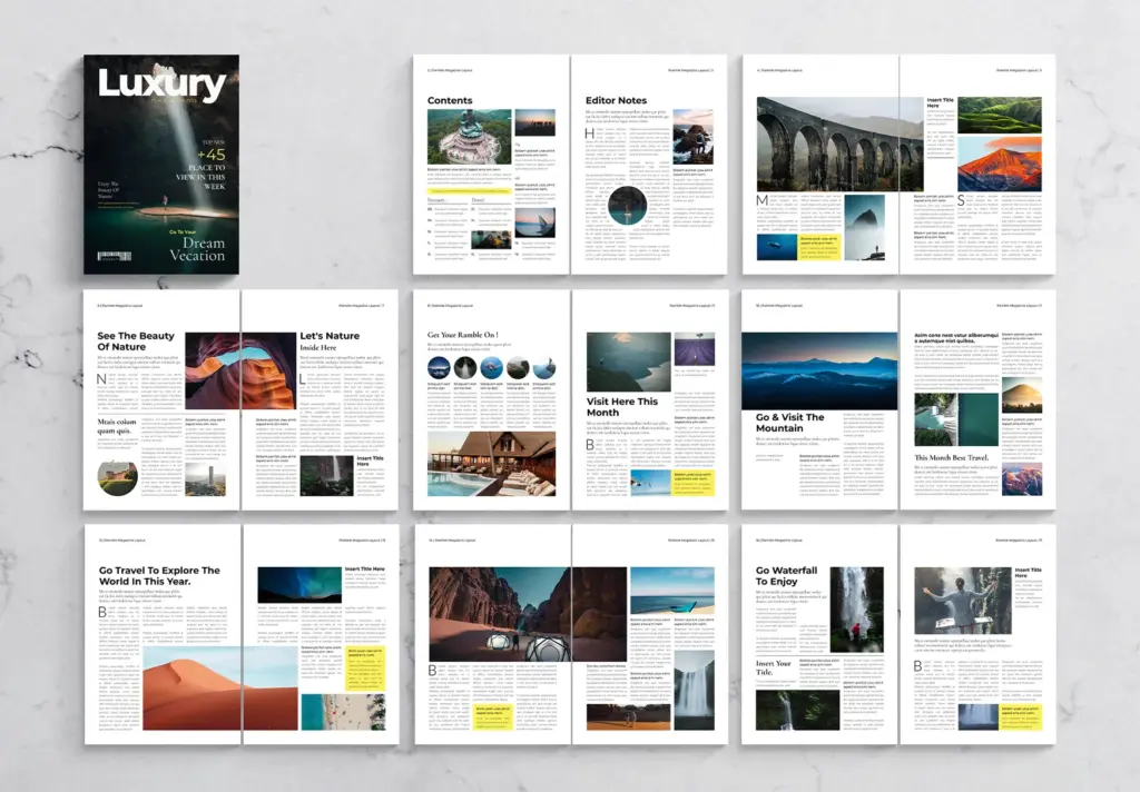 Ocean-themed travel magazine with global destination layouts.