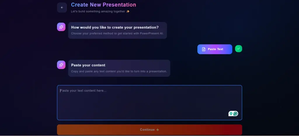 Text pasting feature in PowerPresent AI to generate presentations
