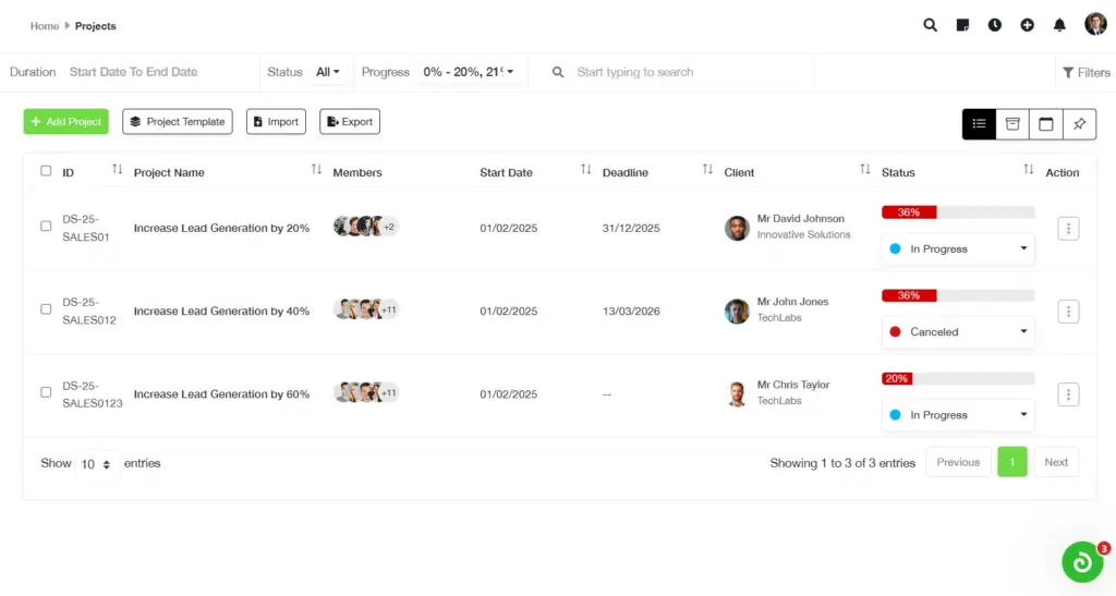 Projects Screen, All-in one Business Management Software