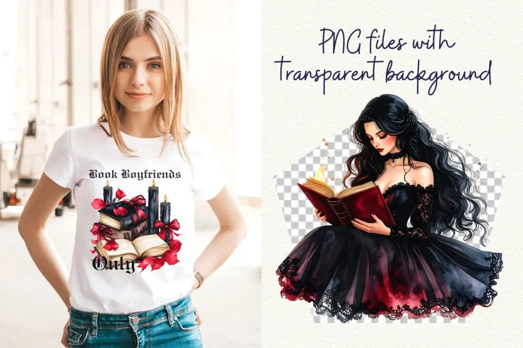 A model wearing a t-shirt with a "Book Boyfriends Only" design, next to a transparent background PNG of a woman in a black and red dress reading a book.