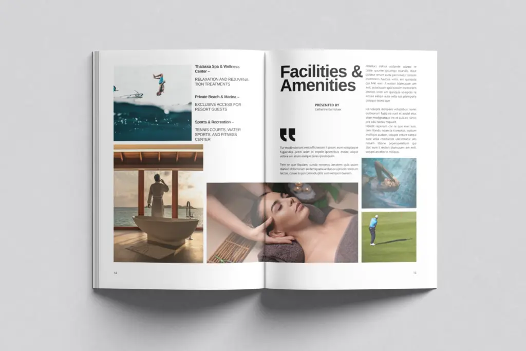 Open travel spreads featuring hotel overview, dining, and accommodations.