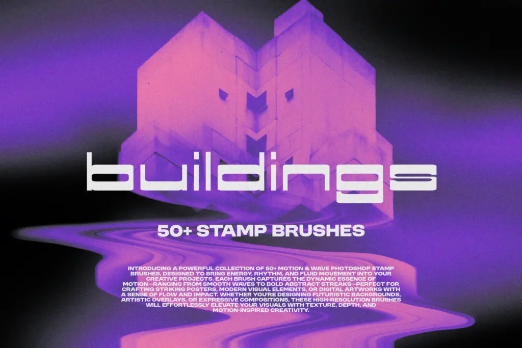 Promotional graphic for 50+ Photoshop stamp brushes themed around abstract architectural forms in purple tones Photoshop Design Assets