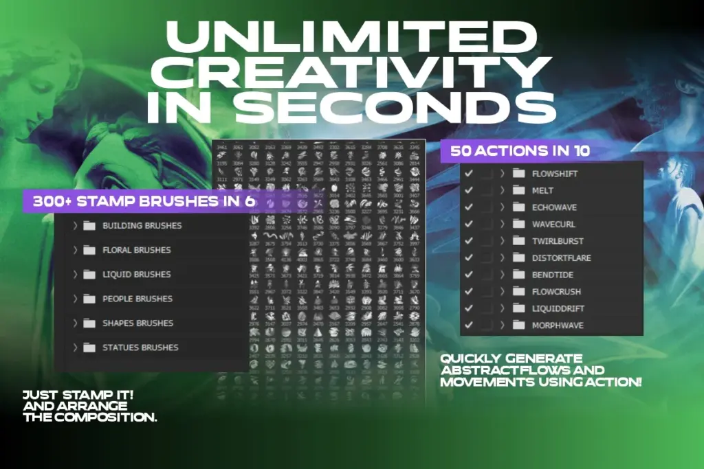 Visual breakdown of the bundle’s stamp brushes and liquify actions, with a grid preview and category labels, Photoshop Design Assets