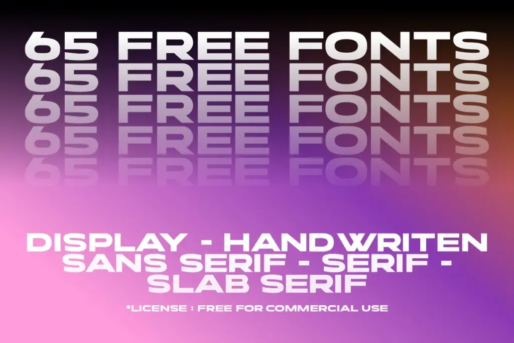 Graphic advertising 65 free fonts for commercial use, categorized by style and displayed with mirrored text Photoshop Design Assets