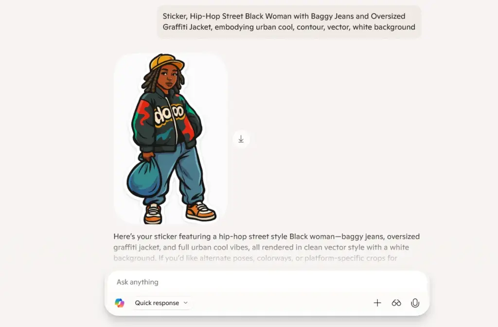 Black woman in baggy jeans and oversized graffiti jacket with “dope” text, holding blue bags, standing confidently Sticker Prompts