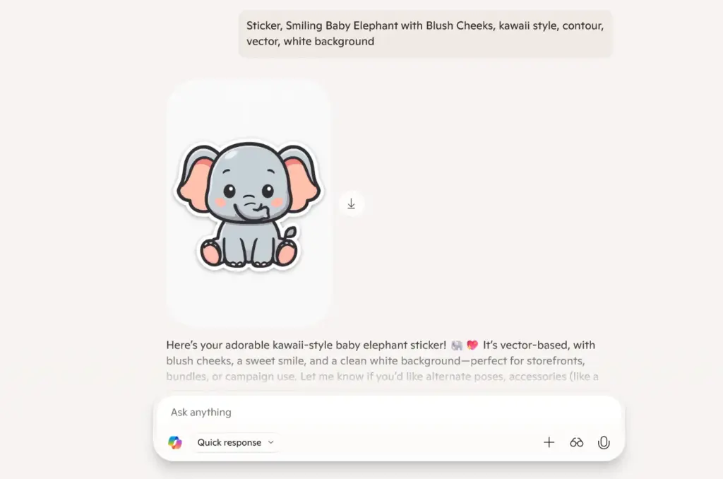 Cute baby elephant with blush cheeks and pink inner ears, sitting sweetly in kawaii style on white background. Sticker Prompts