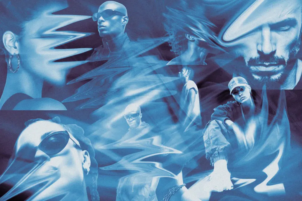Collage of diverse individuals in modern fashion, distorted with blue wave effects to highlight brush dynamics Photoshop Design Assets