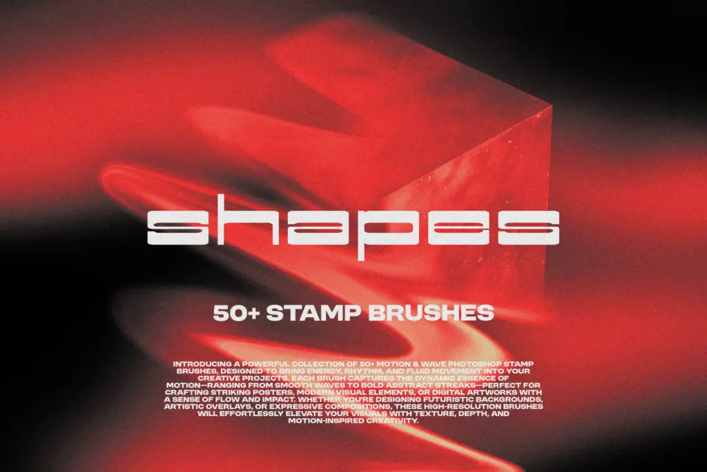 Promotional graphic for 50+ Photoshop stamp brushes featuring abstract red shapes and a motion-blurred cube Photoshop Design Assets