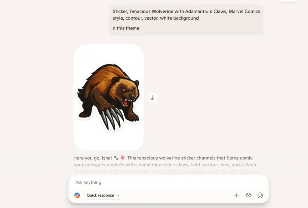 Fierce wolverine with adamantium-style claws, comic-book contour lines, and bold expression on white background Sticker Prompts