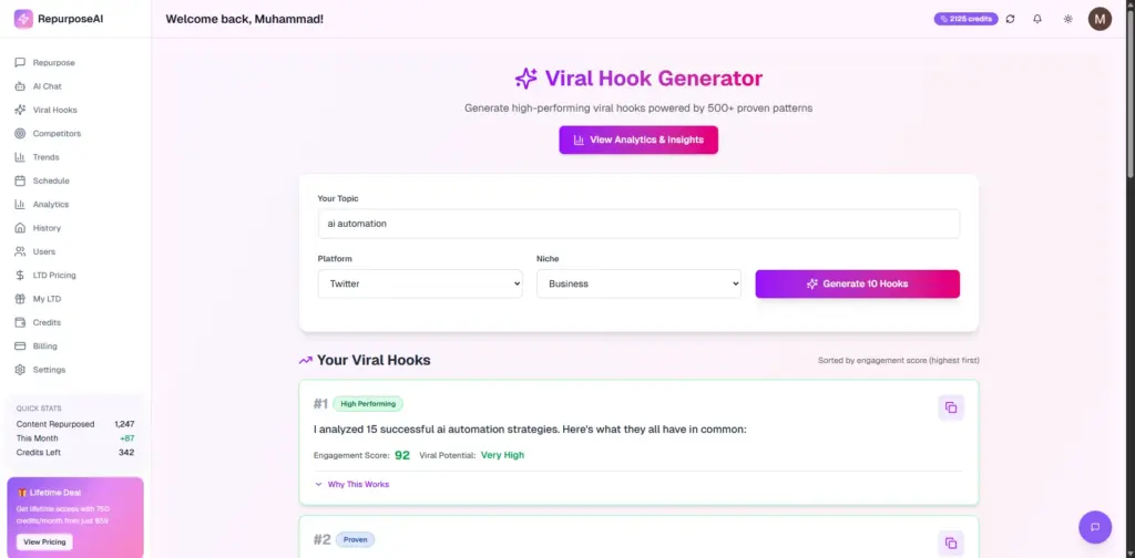 Viral Hook Generator In Repurposely AI Content Repurposing Platform