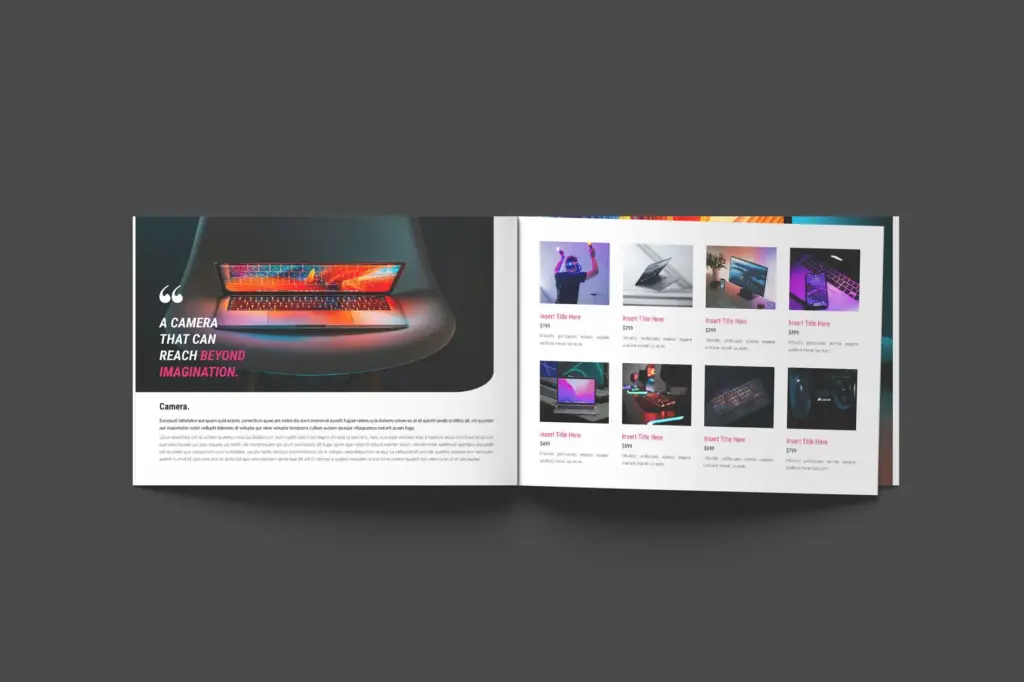 A double-page spread of a landscape product catalog featuring a laptop, text about a camera, and a grid of small product images with prices.