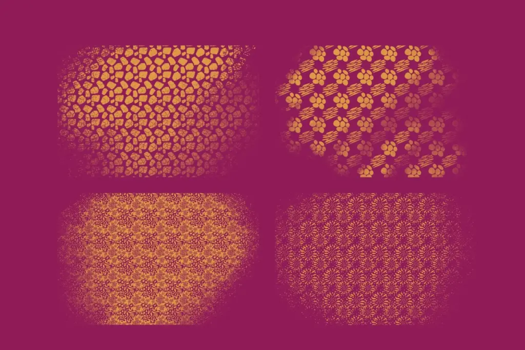 Four gold texture patterns (cobblestone/rock, paw print/clover, intricate floral, mandala-like) on a magenta background.