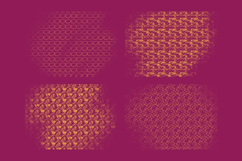 Four gold texture patterns (overlapping circles, scattered floral, paw prints/spots, repeating geometric/tessellation) on a magenta background.