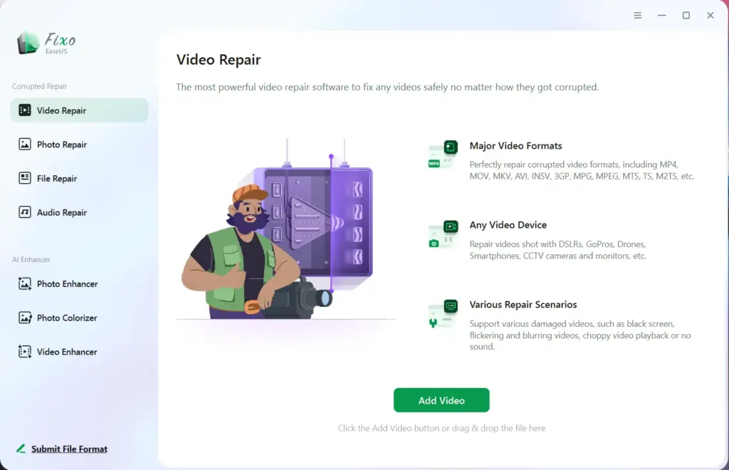 EaseUS Fixo - Video Repair Feature Interface