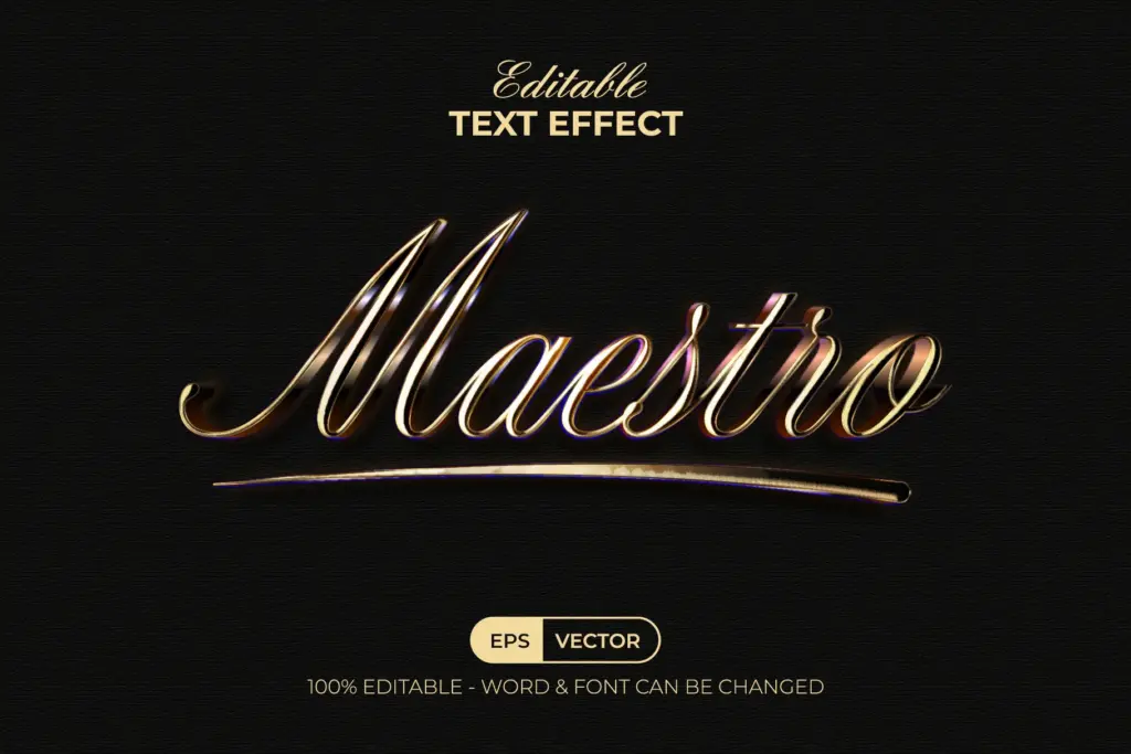 Elegant, thin golden script "Maestro" text effect on a black background.